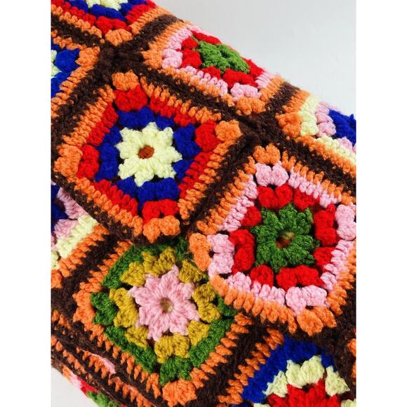 Vintge Handmade Granny Square Afghan Crochet Coverlet Blanket Orange Brown 90x70 - Picture 9 of 9